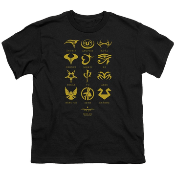 Black youth t-shirt for ages 8 to 12 with Stargate Goauld Characters graphic