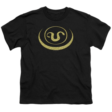 Black youth t-shirt for ages 8 to 12 with Stargate Goauld Apothis Symbol graphic