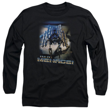 Black men's long sleeve t-shirt with Stargate Menace graphic