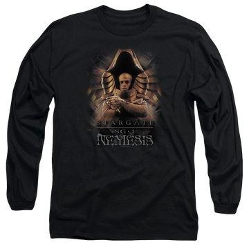 Black men's long sleeve t-shirt with Stargate Nemesis graphic
