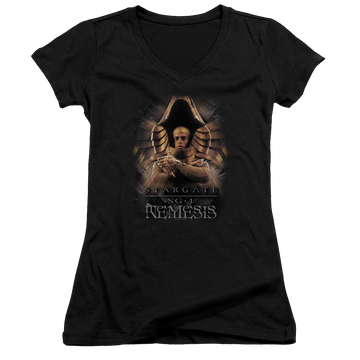 Black juniors v-neck t-shirt with Stargate Nemesis graphic