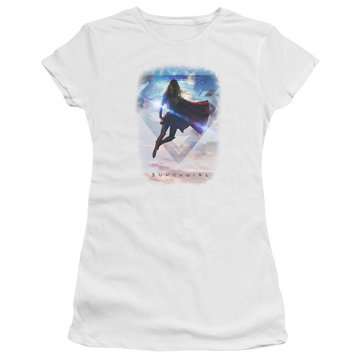 White juniors t-shirt with Superman Supergirl Endless Sky graphic