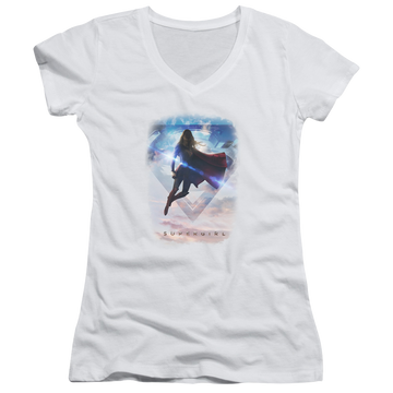 White juniors v-neck t-shirt with Superman Supergirl Endless Sky graphic