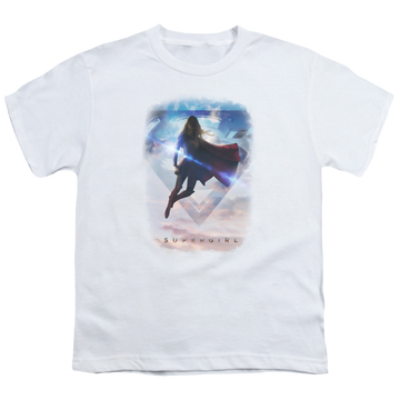 White youth t-shirt for ages 8 to 12 with Superman Supergirl (TV Series) Endless Sky graphic