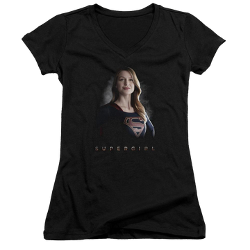 Black juniors v-neck t-shirt with Superman Supergirl Stand Tall graphic