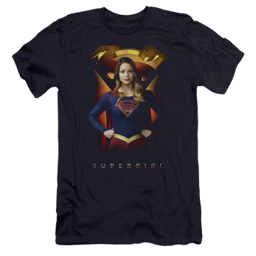 Navy men's premium slim fit t-shirt with Superman Supergirl Standing Symbol graphic