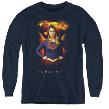 Navy youth long sleeve t-shirt with Superman Supergirl (Tv Series) Standing Symbol graphic