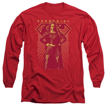 Red men's long sleeve t-shirt with Superman Supergirl Ready Set graphic