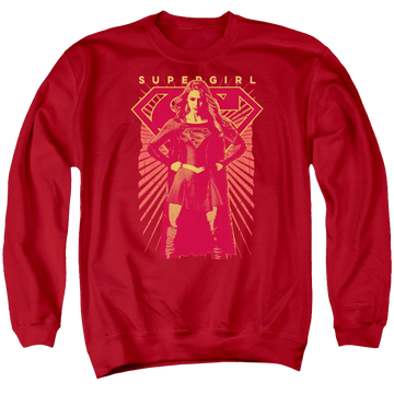Red men's crewneck sweatshirt with Superman Supergirl Ready Set graphic