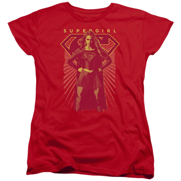 Red women's t-shirt with Superman Supergirl Ready Set graphic