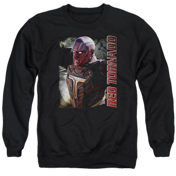 Black men's crewneck sweatshirt with Superman Supergirl Red Tornado graphic