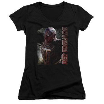 Black juniors v-neck t-shirt with Superman Supergirl Red Tornado graphic