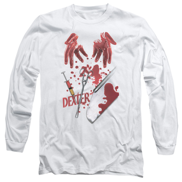 White men's long sleeve t-shirt with Dexter Tools Of The Trade graphic