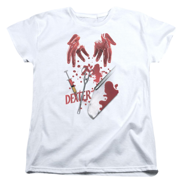 White women's t-shirt with Dexter Tools Of The Trade graphic