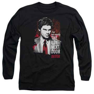 Black men's long sleeve t-shirt with Dexter Boy Next Door graphic