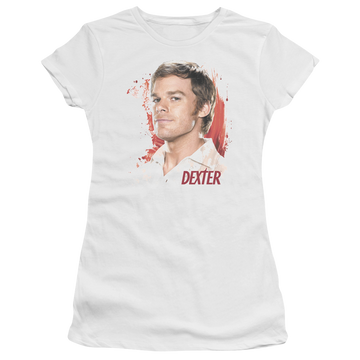 White juniors t-shirt with Dexter Blood Splatter graphic