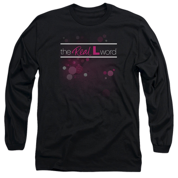 Black men's long sleeve t-shirt with The Real L Word Flashy Logo graphic