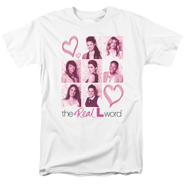White men's regular fit t-shirt with The Real L Word Hearts graphic