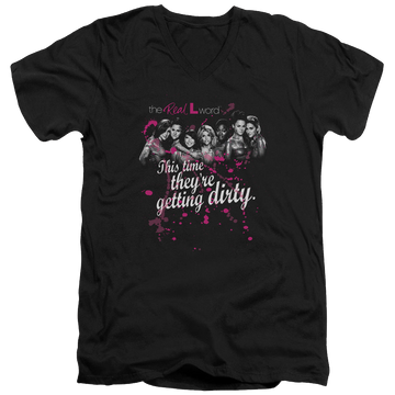 Black men's v-neck t-shirt with The Real L Word Dirty graphic