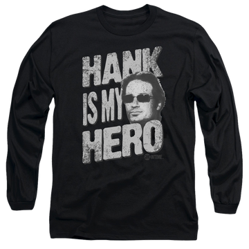 Black men's long sleeve t-shirt with Californication Hank Is My Hero graphic