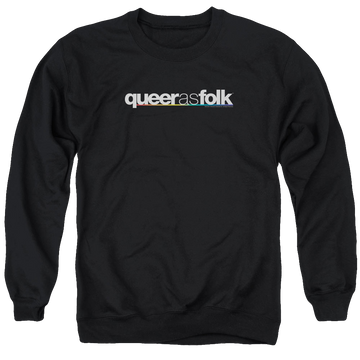 Black men's crewneck sweatshirt with Queer as Folk Logo graphic