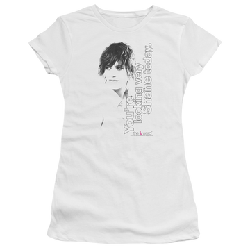 White juniors t-shirt with The Real L Word Looking Shane Today graphic