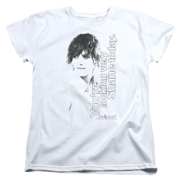 White women's t-shirt with The Real L Word Looking Shane Today graphic