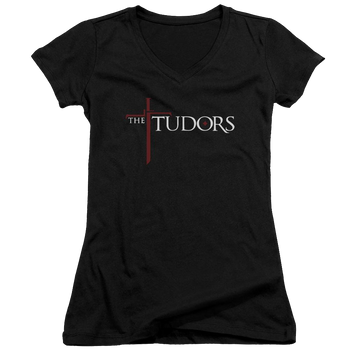 Black juniors v-neck t-shirt with The Tudors Logo graphic