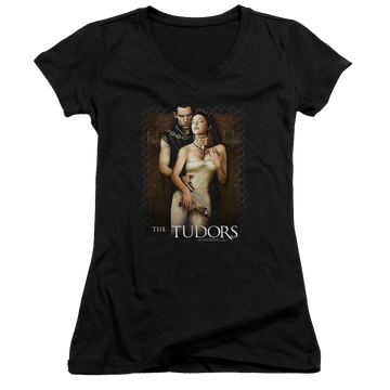 Black juniors v-neck t-shirt with The Tudors Spilt Wine graphic