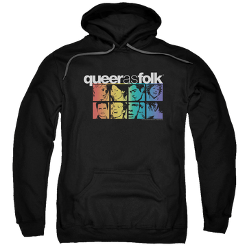 Black pullover hoodie with Queer as Folk Cast graphic