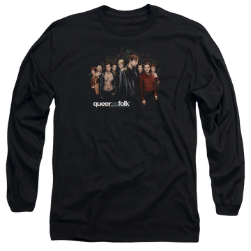 Black men's long sleeve t-shirt with Queer as Folk Title graphic
