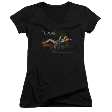 Black juniors v-neck t-shirt with The Tudors The King And His Queen graphic