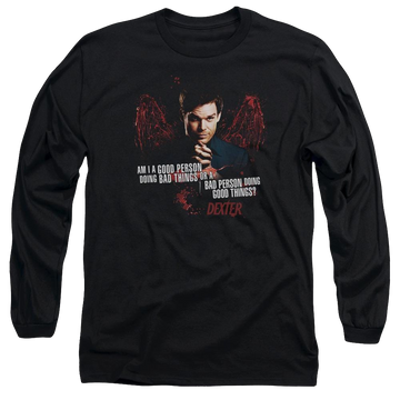 Black men's long sleeve t-shirt with Dexter Good Bad graphic