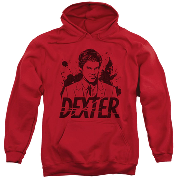 Red pullover hoodie with Dexter Splatter Dex graphic