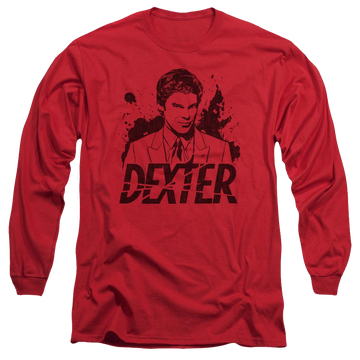 Red men's long sleeve t-shirt with Dexter Splatter Dex graphic