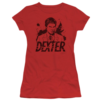Red juniors t-shirt with Dexter Splatter Dex graphic