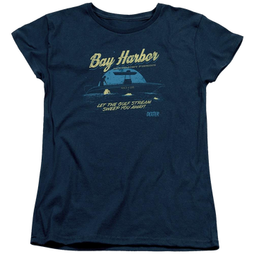 Navy women's t-shirt with Dexter Moonlight Fishing graphic