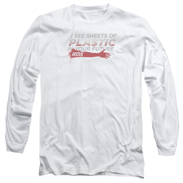 White men's long sleeve t-shirt with Dexter Plastic Prediction graphic