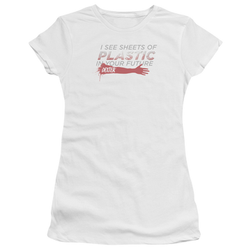 White juniors t-shirt with Dexter Plastic Prediction graphic