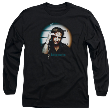 Black men's long sleeve t-shirt with Californication In Handcuffs graphic