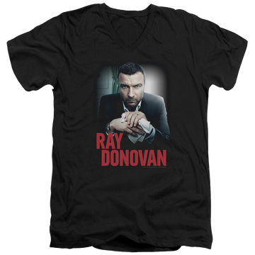 Black men's v-neck t-shirt with Ray Donovan Clean Hands graphic