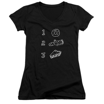 Black juniors v-neck t-shirt with Twin Peaks Pie Log Donut graphic