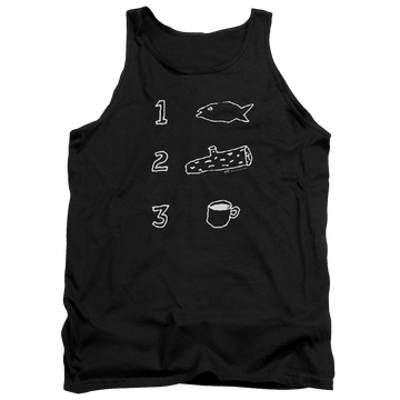 Black men's tank with Twin Peaks Coffee Log Fish graphic