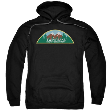 Black pullover hoodie with Twin Peaks Sheriff Department graphic
