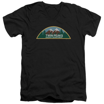 Black men's v-neck t-shirt with Twin Peaks Sheriff Department graphic