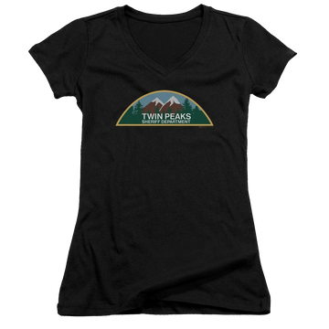 Black juniors v-neck t-shirt with Twin Peaks Sheriff Department graphic