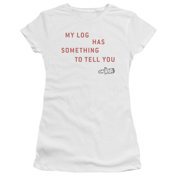 White juniors t-shirt with Twin Peaks My Log graphic