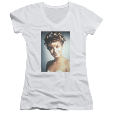 White juniors v-neck t-shirt with Twin Peaks Laura Palmer graphic