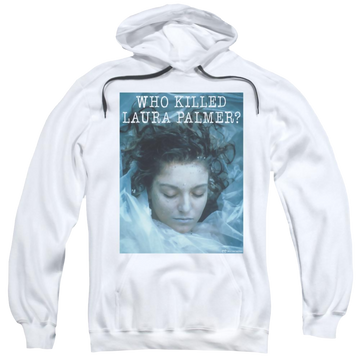 White pullover hoodie with Twin Peaks Who Killed Laura graphic