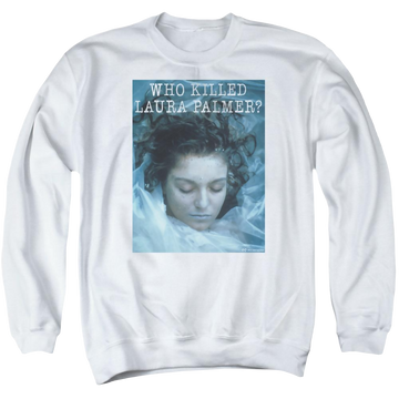 White men's crewneck sweatshirt with Twin Peaks Who Killed Laura graphic